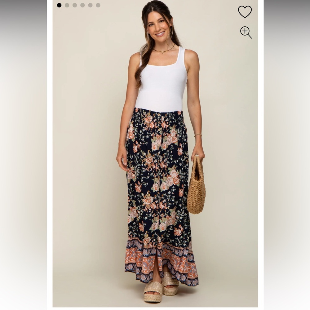 Navy Blue Floral Border Print Smocked Waist Button Front Maternity Maxi Skirt